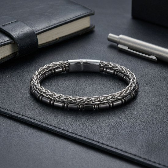 Boru kesim hematit ve çelik zincir erkek bileklik