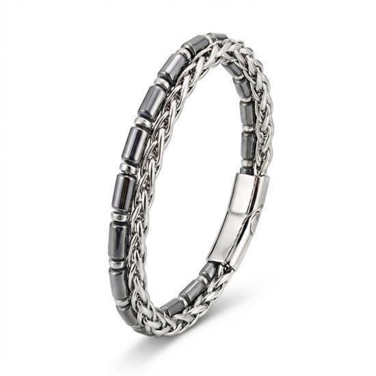 Boru kesim hematit ve çelik zincir erkek bileklik
