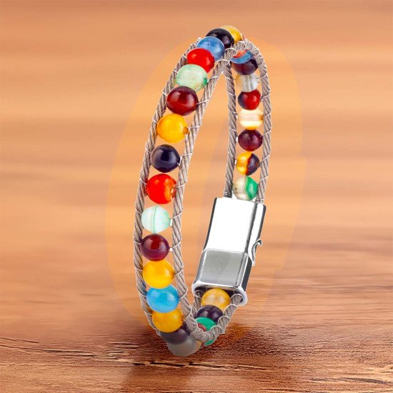 Çakra Akik Doğaltaşlı Çelik Halat Örgü Erkek Bileklik