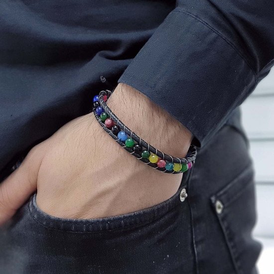 Çakra doğaltaşlı çelik tel örgü makrome erkek bileklik