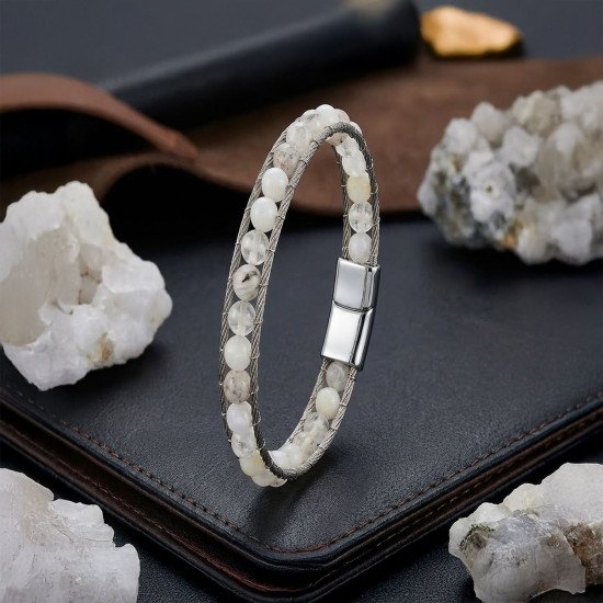 Ay taşı detaylı çelik halat erkek bileklik