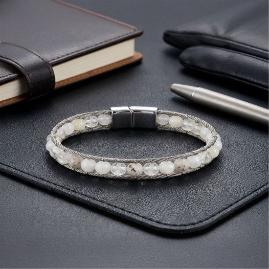 Ay taşı detaylı çelik halat erkek bileklik