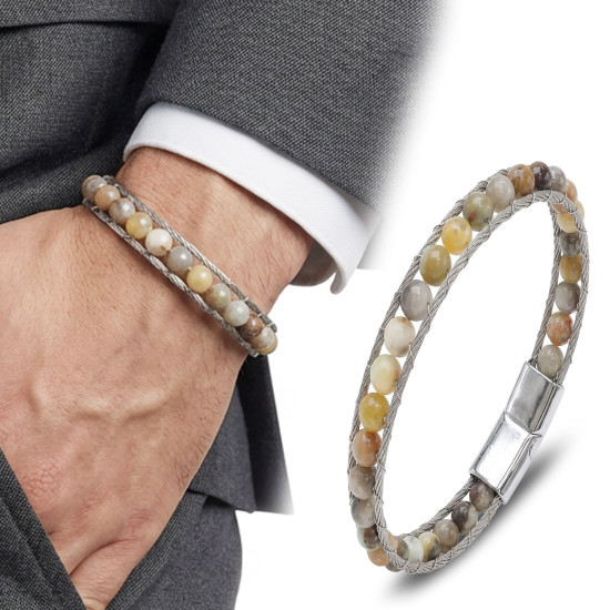 Yemen Akik Doğal Taşlı Çelik Halat Örgü Erkek Bileklik