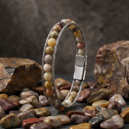 Yemen Akik Doğal Taşlı Çelik Halat Örgü Erkek Bileklik