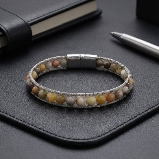 Yemen Akik Doğal Taşlı Çelik Halat Örgü Erkek Bileklik