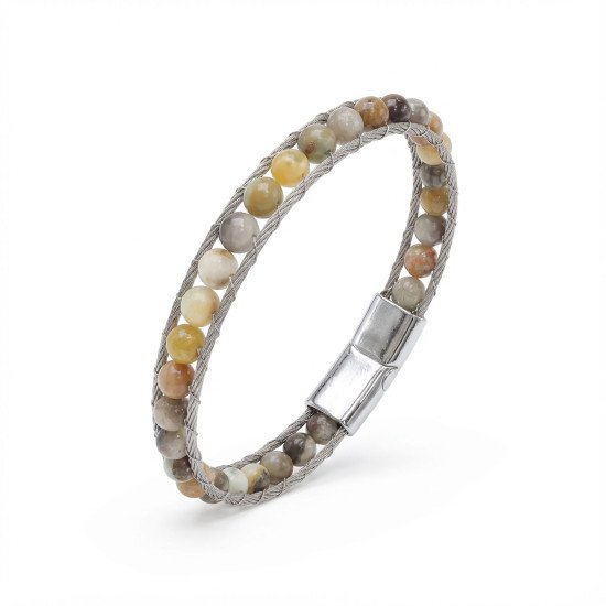 Yemen Akik Doğal Taşlı Çelik Halat Örgü Erkek Bileklik