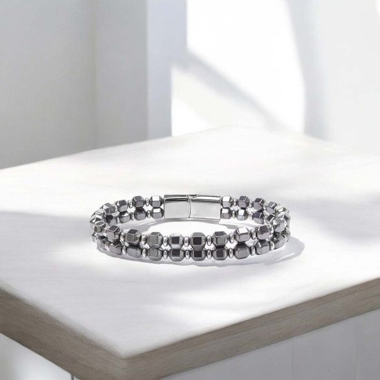 Çelik halatlı elmas kesim hematit taşlı erkek bileklik