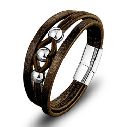 Kahverengi Çoklu Deri Top Çelik Erkek Bileklik