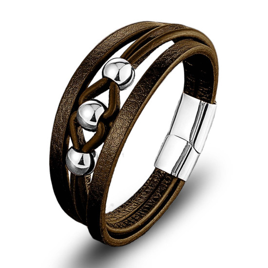Kahverengi Çoklu Deri Top Çelik Erkek Bileklik