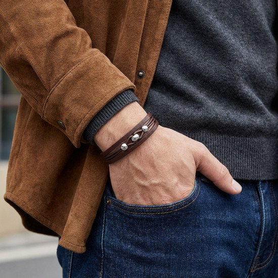 Kahverengi Çoklu Deri Top Çelik Erkek Bileklik