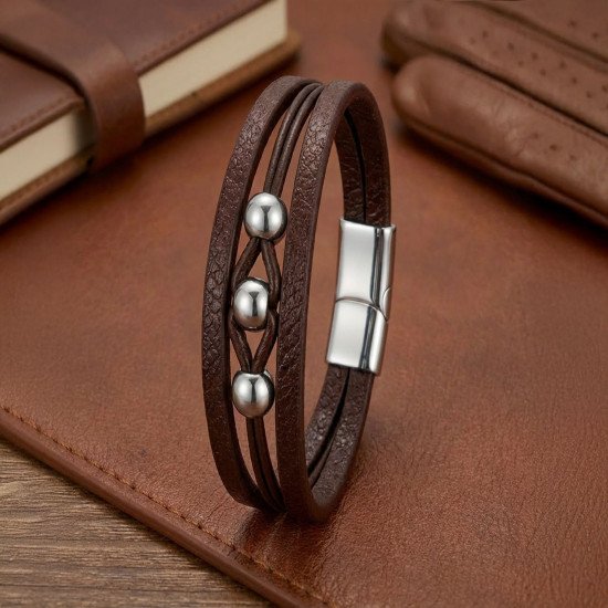 Kahverengi Çoklu Deri Top Çelik Erkek Bileklik