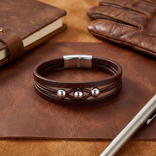 Kahverengi Çoklu Deri Top Çelik Erkek Bileklik