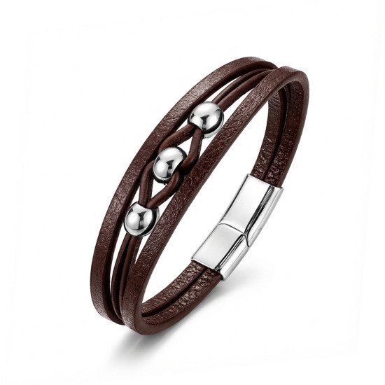 Kahverengi Çoklu Deri Top Çelik Erkek Bileklik