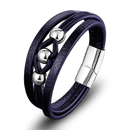 Lacivert Çoklu Deri Top Çelik Erkek Bileklik