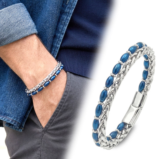 Gümüş ve mavi hematit taşlı çelik zincir erkek bileklik Çelik zincirli gümüş mavi arpa hematit erkek bileklik