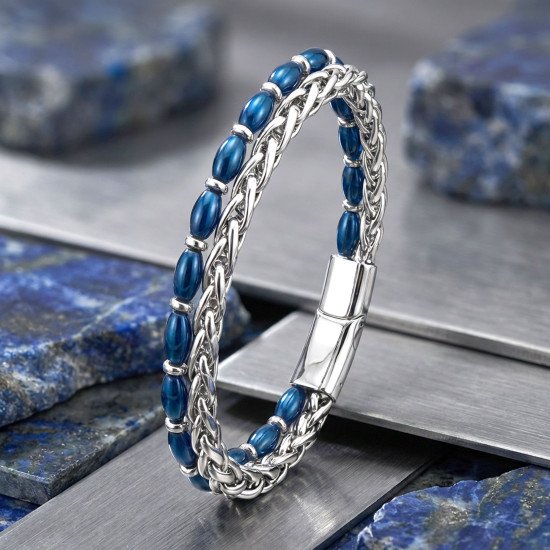 Gümüş ve mavi hematit taşlı çelik zincir erkek bileklik Çelik zincirli gümüş mavi arpa hematit erkek bileklik