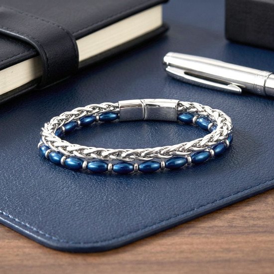 Gümüş ve mavi hematit taşlı çelik zincir erkek bileklik Çelik zincirli gümüş mavi arpa hematit erkek bileklik