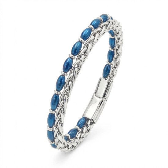 Gümüş ve mavi hematit taşlı çelik zincir erkek bileklik Çelik zincirli gümüş mavi arpa hematit erkek bileklik