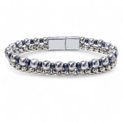 Gümüş ve Mavi Hematit Taşlı Çelik Zincir Erkek Bileklik