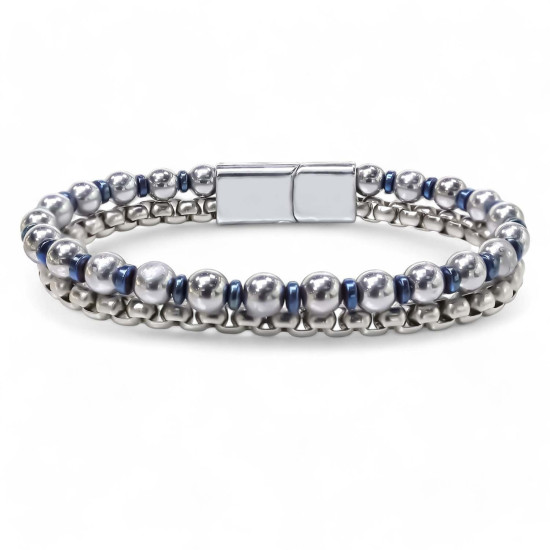 Gümüş ve Mavi Hematit Taşlı Çelik Zincir Erkek Bileklik