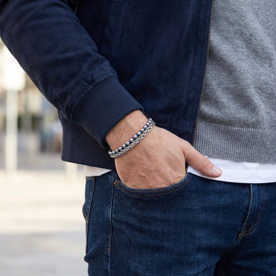 Gümüş ve Mavi Hematit Taşlı Çelik Zincir Erkek Bileklik