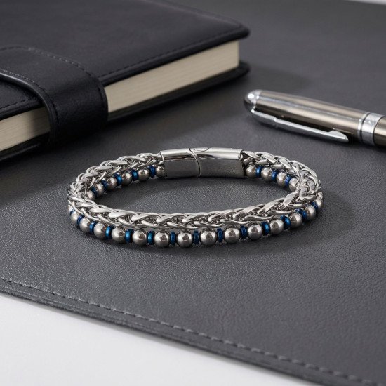 Gümüş ve Mavi Hematit Taşlı Çelik Zincir Erkek Bileklik