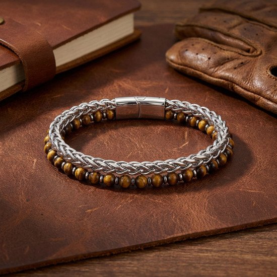 Kaplan gözü ve hematit taşlı çelik zincir erkek bileklik modeli Çelik zincirli kaplan gözü ve hematit erkek bileklik