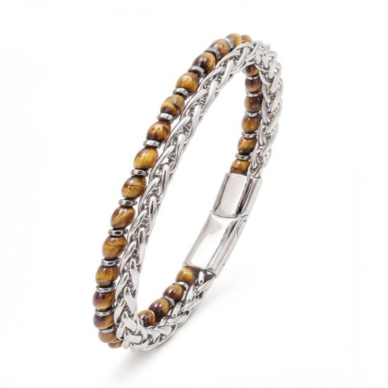 Kaplan gözü ve hematit taşlı çelik zincir erkek bileklik modeli Çelik zincirli kaplan gözü ve hematit erkek bileklik