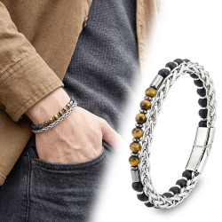 Çelik Zincirli Kaplan Gözü, Mat Oniks ve Hematit Taşlı Erkek Bileklik
