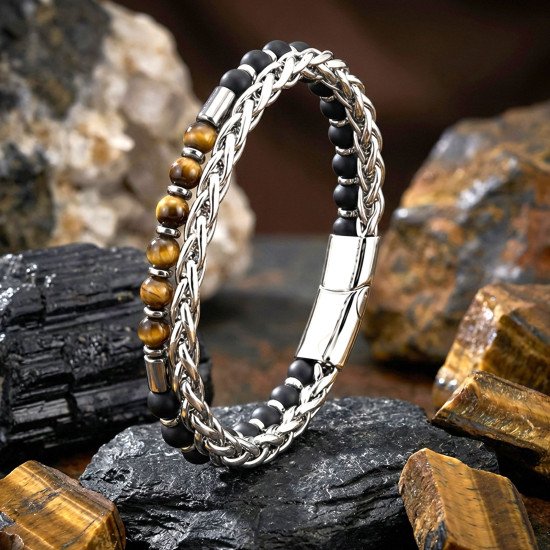 Çelik Zincirli Kaplan Gözü, Mat Oniks ve Hematit Taşlı Erkek Bileklik