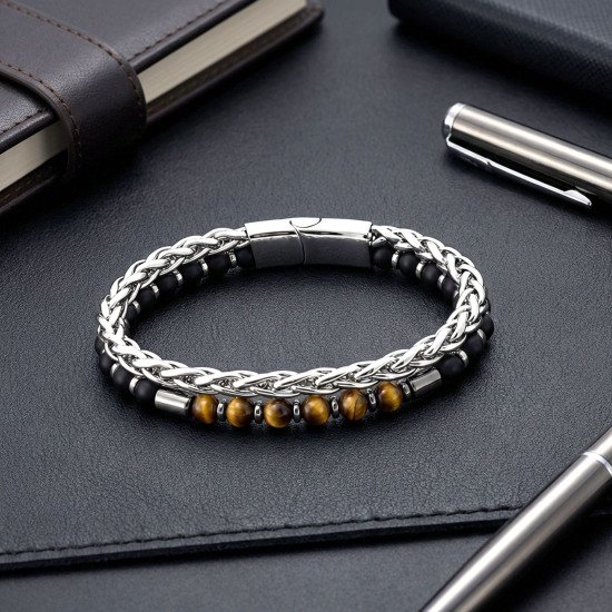 Çelik Zincirli Kaplan Gözü, Mat Oniks ve Hematit Taşlı Erkek Bileklik