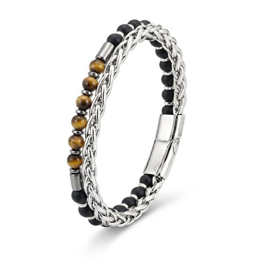 Çelik Zincirli Kaplan Gözü, Mat Oniks ve Hematit Taşlı Erkek Bileklik