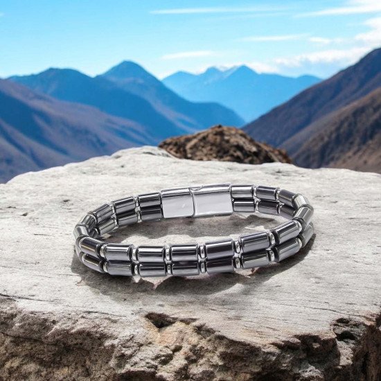 Çift Sıra Boru Hematit Doğal Taşlı Çelik Erkek Bileklik