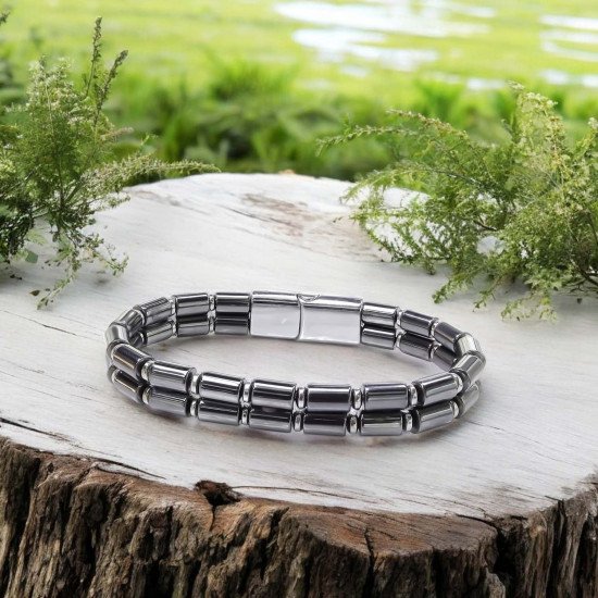 Çift Sıra Boru Hematit Doğal Taşlı Çelik Erkek Bileklik