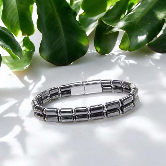 Çift Sıra Boru Hematit Doğal Taşlı Çelik Erkek Bileklik