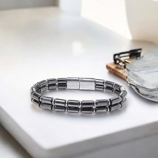 Çift Sıra Boru Hematit Doğal Taşlı Çelik Erkek Bileklik
