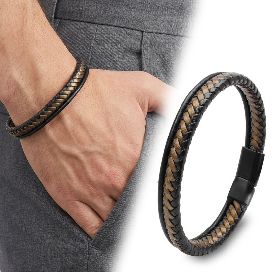 Maskülen şık çift renk çoklu deri erkek bileklik Çift renk çoklu deri ve çelik detaylı erkek bileklik