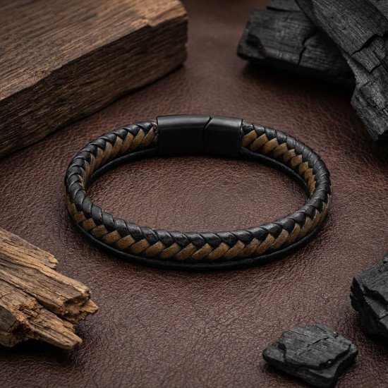 Maskülen şık çift renk çoklu deri erkek bileklik Çift renk çoklu deri ve çelik detaylı erkek bileklik