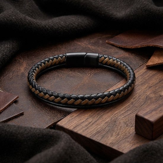 Maskülen şık çift renk çoklu deri erkek bileklik Çift renk çoklu deri ve çelik detaylı erkek bileklik
