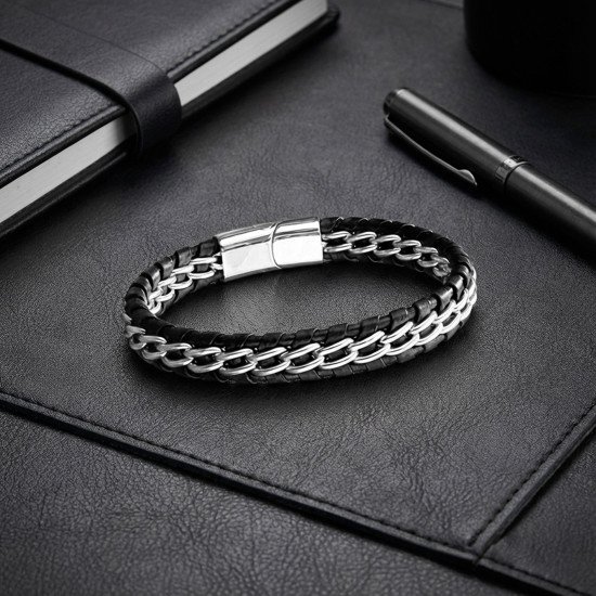 Çift Zincir Çelik & Deri Bileklik – Siyah Maskülen Tasarım Çift Zincir Çelik & Deri Bileklik – Siyah Maskülen Tasarım