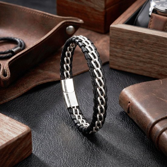Çift Zincir Çelik & Deri Bileklik – Siyah Maskülen Tasarım Çift Zincir Çelik & Deri Bileklik – Siyah Maskülen Tasarım