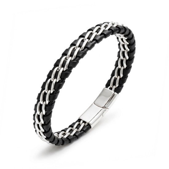 Çift Zincir Çelik & Deri Bileklik – Siyah Maskülen Tasarım Çift Zincir Çelik & Deri Bileklik – Siyah Maskülen Tasarım