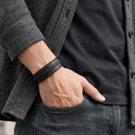 Çoklu katmanlı doğal deri maskülen erkek bileklik