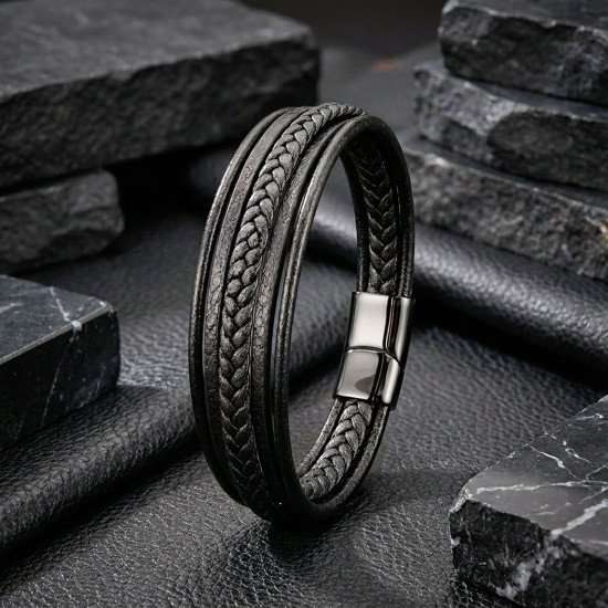 Çoklu katmanlı doğal deri maskülen erkek bileklik