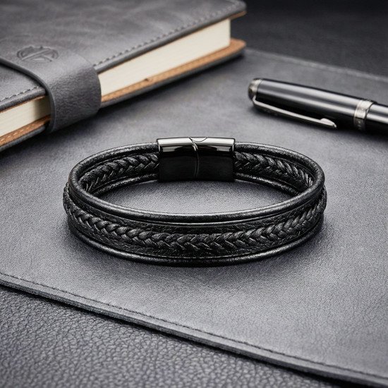 Çoklu katmanlı doğal deri maskülen erkek bileklik