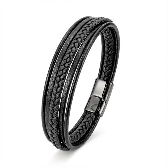 Çoklu katmanlı doğal deri maskülen erkek bileklik