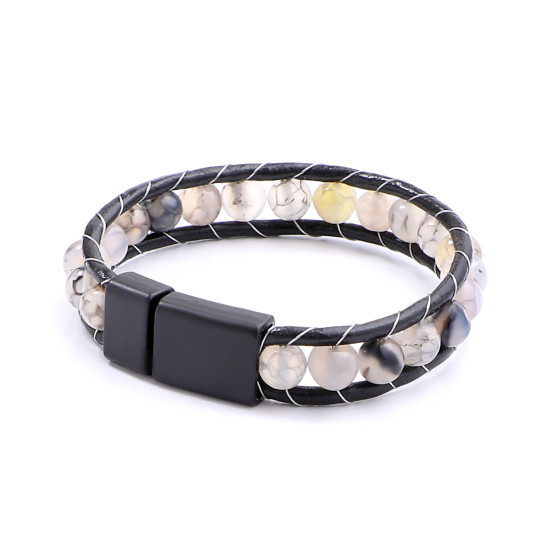 Damarlı Akik Doğal Taşlı Deri Erkek Bileklik