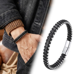 Damla Çelik Detaylı El Örgüsü Siyah Deri Erkek Bileklik