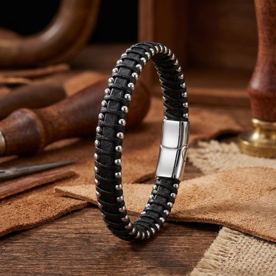 Damla Çelik Detaylı Siyah Deri El Örgüsü Erkek Bileklik - Casera's