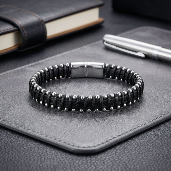 Damla Çelik Detaylı Siyah Deri El Örgüsü Erkek Bileklik - Casera's